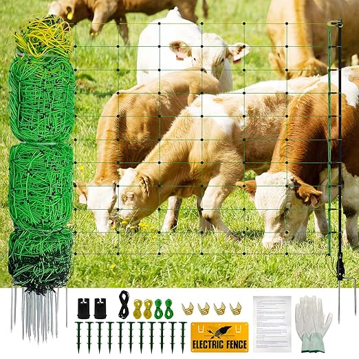 Electric Fence Netting, Portable Livestock Fencing for Sheep, Cattle, Net Fencing Kit with 14 Posts Double Spiked, Movable Poultry Netting for Backyards, Homesteaders, Farms Ranches (164 * 35.43)
