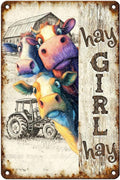Vintage Cow Tin Sign Hay Girl Hay Retro Metal Poster Rustic Nostalgic Metal Sign Wall Decor For Home Farmhouse Farm Room Cafe Bedroom Office Living Room Man cave 12 * 8In