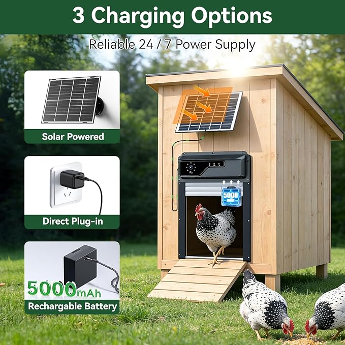 Automatic Chicken Coop Door with Camera, Solar Powered Smart Chicken Door with WiFi App Control, 1080P HD Night Vision, 5000 mAh Battery, Anti-Pinch Safety, Smart Alerts, Space-Saving Roll-Up Design
