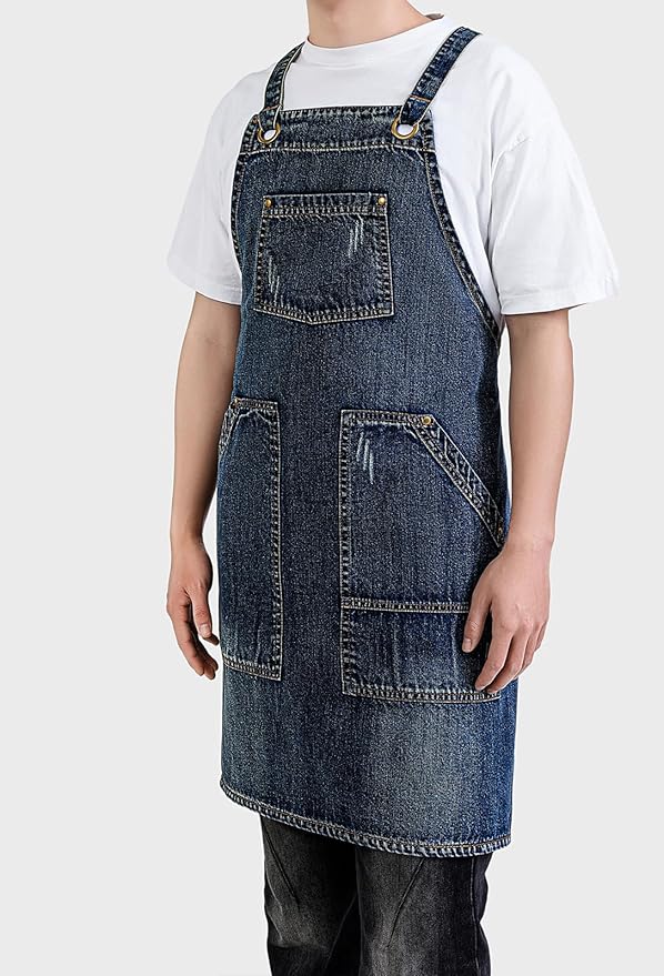 Cotton Denim Apron Soft - Unisex Adjustable Bib Apron with 5-Pockets Perfect for Kitchens