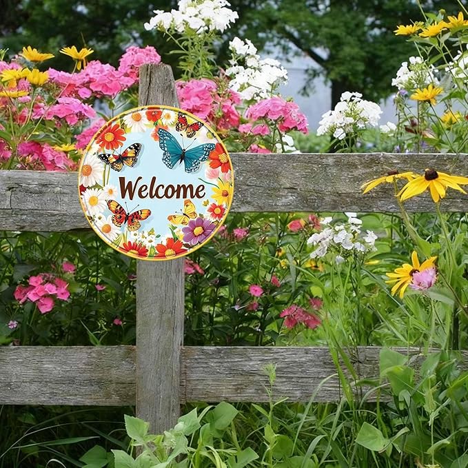 Round Metal Tin Sign Wreath Spring Flowers Butterflies Daisy Welcome Vintage Farmhouse Wall Decor for Front Door Porch Garden Home Outdoor 12x12inch