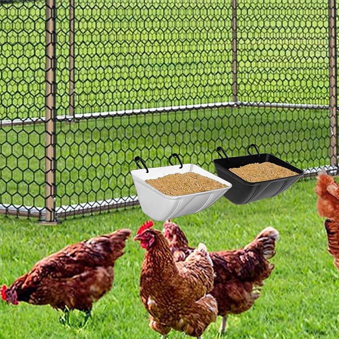 Hanging Chicken Feeder Trough for Goat Sheep Deer Poultry Duck Chicken Fence Feeder Livestock Feeding Container Goats Supplies Feeders Waterer Bucket (White)