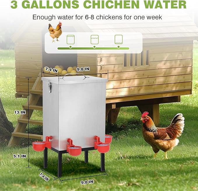 3 Gallons Chicken Waterer,Stainless Steels Automatic Chicken Waterer with Latch and Bottom Bracket，Poultry Watering 4 Water Cups Chicken Feeder Waterer and 4 Horizontal Automatic Chicken Nipples