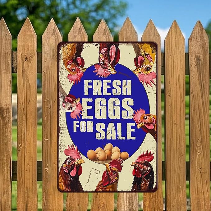 Vintage Fresh Eggs & Chicken Metal Sign Rustic Farm Eggs For Sale Tin Poster Home Kitchen Farmhouse Chicken Wall Decor 12x16 Inch