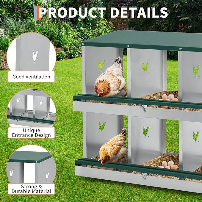 Chicken Nesting Box for Backyard Coop, 6 Compartment Two-Tier Egg Laying Box with Rollaway Design, Galvanized Steel Wall Mount with Vents for Easy Clean, Green