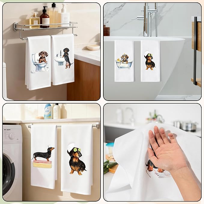 GROBRO7 Funny Dachshund Hand Towel - 6Pcs Dachshund Bathroom Decor Towels Soft Polyester Dishcloths for Bath Bar Spa Home Decorative Cute Puppy Lovers Gifts for Men Women Housewarming