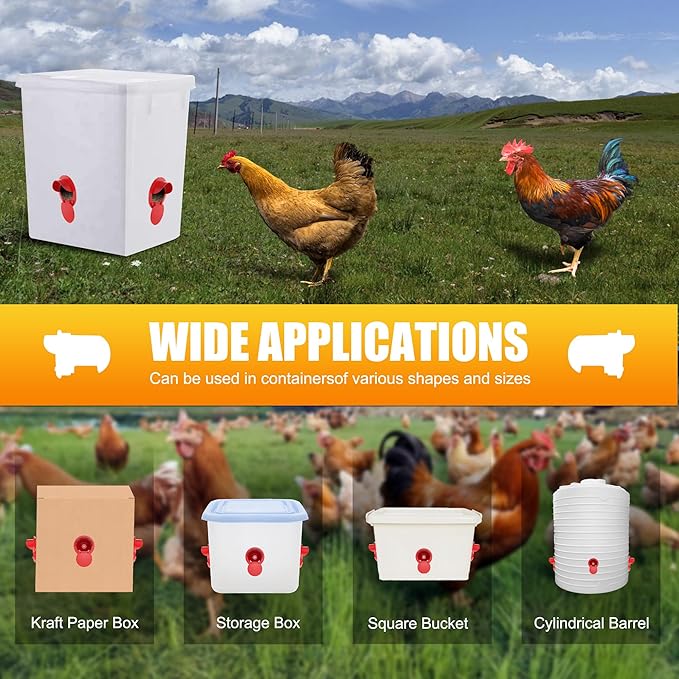 Chicken Feeder Port 8 Pack Poultry No Waste Port Kit with Stopper Lid, 1 Hole Saw, DIY Automatic Reusable Coop Feeders, Rain Proof Gravity Feeding Geese Duck Hens Rooster for Bucket Barrel Bin (Red)