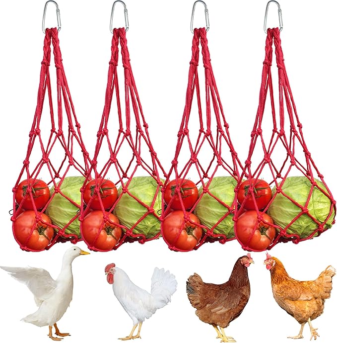 Chicken Vegetable Hanging Feeder 4 PCS, Reusable String Bag with Hook for Chicken Toys, Poultry Fruit Holder for Hens and Ducks, Lettuce Cabbage Feeder for Enrichment, Chicken Coop Accessories(Red)