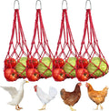 Chicken Vegetable Hanging Feeder 4 PCS, Reusable String Bag with Hook for Chicken Toys, Poultry Fruit Holder for Hens and Ducks, Lettuce Cabbage Feeder for Enrichment, Chicken Coop Accessories(Red)