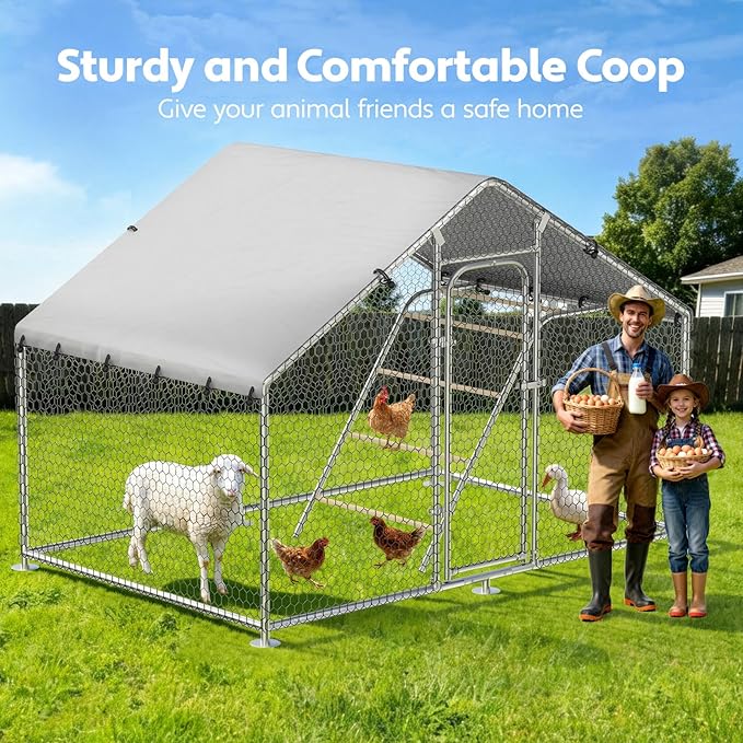 Large Metal Chicken Coop with Roosting Perch, Waterproof and UV-Resistant Cover, Chicken Run Outdoor Walk-in Cage Duck Rabbit Hen House for Yard Farm Use Spire Roof(10’ W x 4.9’ L x 6.4’ H)
