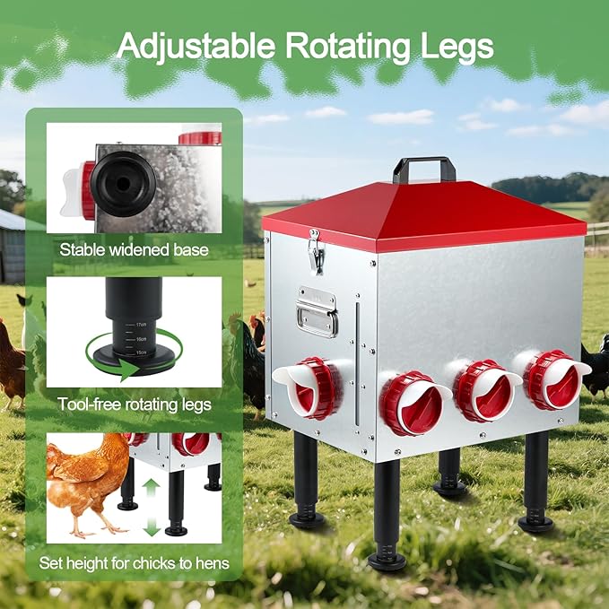 Large Automatic Chicken Feeder, 55LBS Chicken Feed Dispenser with Lid, 8 Feeding Ports, Adjustable Legs, Rodent Free, Waterproof Outdoor Metal Poultry Feeder