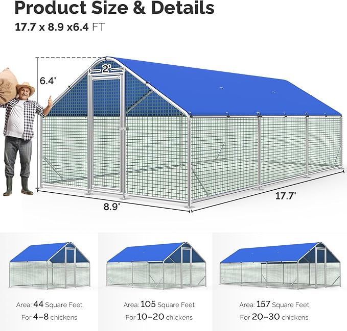 Large Metal Chicken Coop Run with Heavy-Duty Hardware Cloth for 30 Chickens/Ducks, Chicken Runs for Yard with Waterproof Cover, Chicken Enclosure Pen Outdoor, Walk-in Poultry Cage