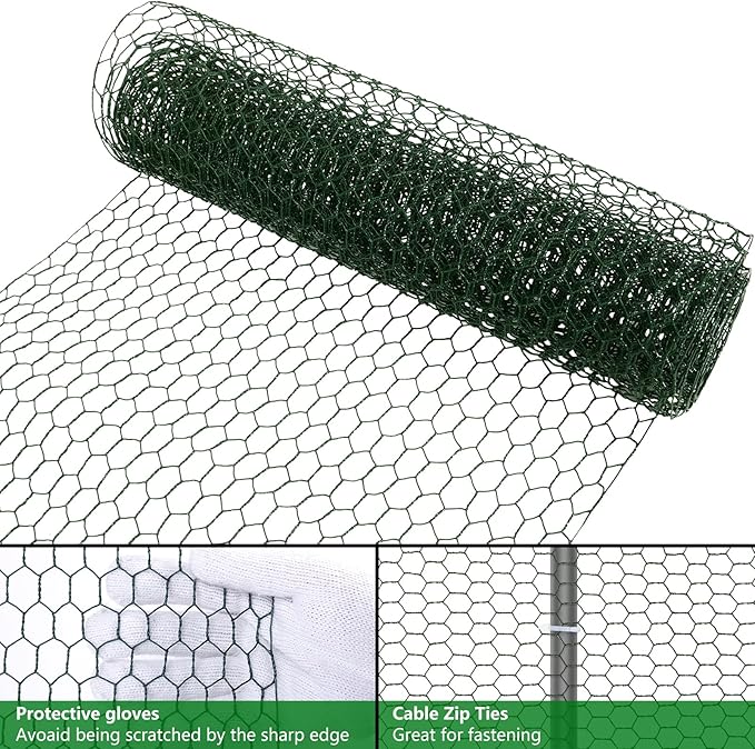 Aboofx Chicken Wire for Floral Arrangements 118 x 15.7 Inch Green Mesh Chicken Wire with 50 Zip Ties and 1 Pair of Glove Hexagonal Galvanized PVC Coated Netting Fence for Crafs Poultry Garden