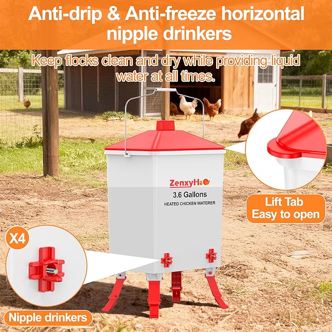 3.6 Gallons Heated Chicken Waterer Bucket for Winter, Chicken Water Heater with 4 Nipples and 10ft Power Cord