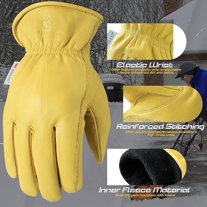 3 Pair Winter Heavy Duty Leather Work Gloves for Men & Women – Water-Resistance, Cowhide Construction & Yard Leather Gloves – Puncture Resistant Safety Gloves for Landscaping & Outdoor Use (S)