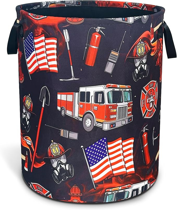 Fire Truck Fireman Laundry Basket Firefighters Oxford Cloth Laundry Hamper With Handle Foldable Portable Clothes Storage Basket 18.9 X 16.5 In Storage Bag For Laundry Room/Bathroom/Bedroom/Dormitories