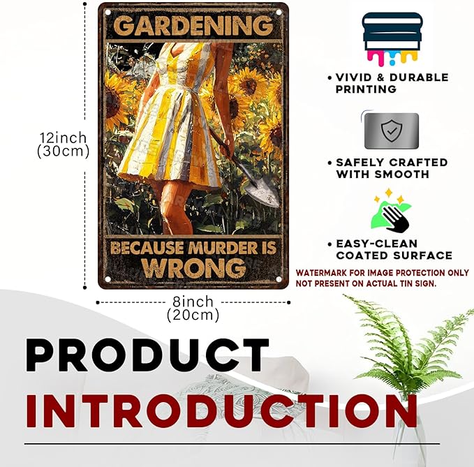 Garden Vintage Sign Gardening Because Murder Is Wrong Metal Sign for Garden Yard Backyard Patio Porch Decor 8x12inch