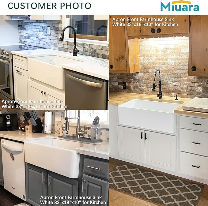 Miuara Farmhouse Sink 33 Inch - White Apron Front Kitchen Sink Reversible 33"x20"x10", Undermount, Farm House Style Large Deep Single Bowl, Heavy Duty Solid Fireclay, Glossy White, for Kitchen