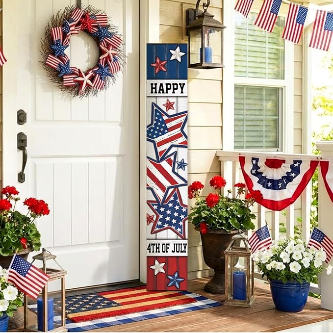 47" Large 4th of July Front Porch Sign Patriotic Wooden Vertical Door Sign with American Flag Colors Red White Blue Outdoor Decor for Independence Day 250th Anniversary Home Entryway