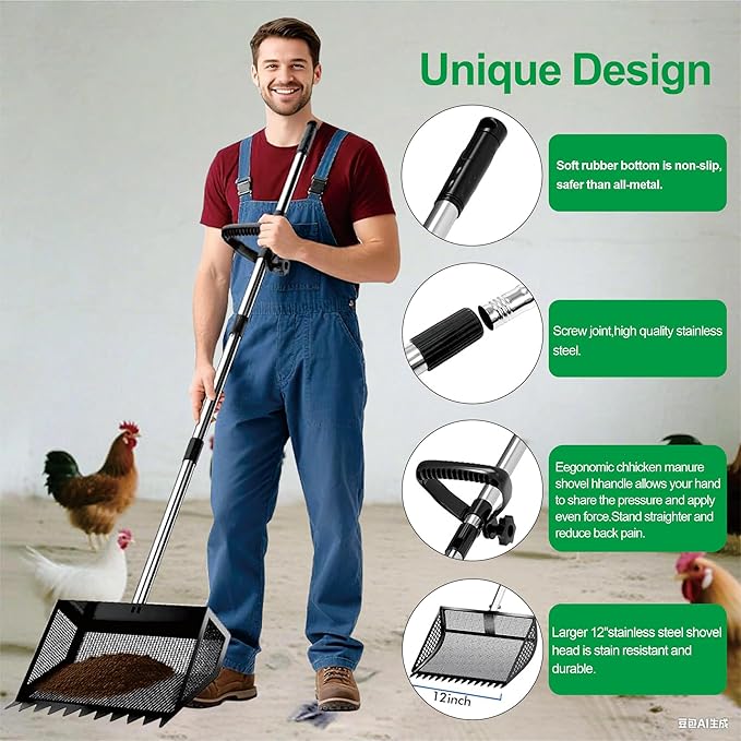 Chicken Poop Scooper & Rake 3-in-1, Metal Coop Shovel, Sand Sifting Shovel, Pet Waste Cleans. Litter Sifting Cleaning Tool with 35" to 62" Adjustable Stainless Steel Handlele