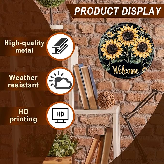 Sunflower Round Metal Tin Sign Wreath Welcome Metal Tin Sign Vintage Aluminum Wall Art for Home Garden Porch Yard Fence Retro Wall Decor 8x8inch