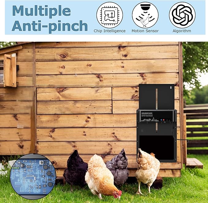 Automatic Chicken Coop Door - Programmable with App Timer, Solar/Battery/Grid Powered, Multi Anti-Pinch - Resistance Detection & Motion Sensor, Plug & Play Electric Door, Weatherproof