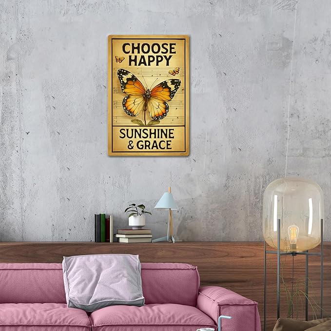 Motivational Wall Decor Metal Sign – Inspirational Butterfly Wall Art, Vintage Tin Sign with “Choose Happy” Quote – Rustic Farmhouse Butterfly Wall Decor for Bedroom, Living Room, or Country Home