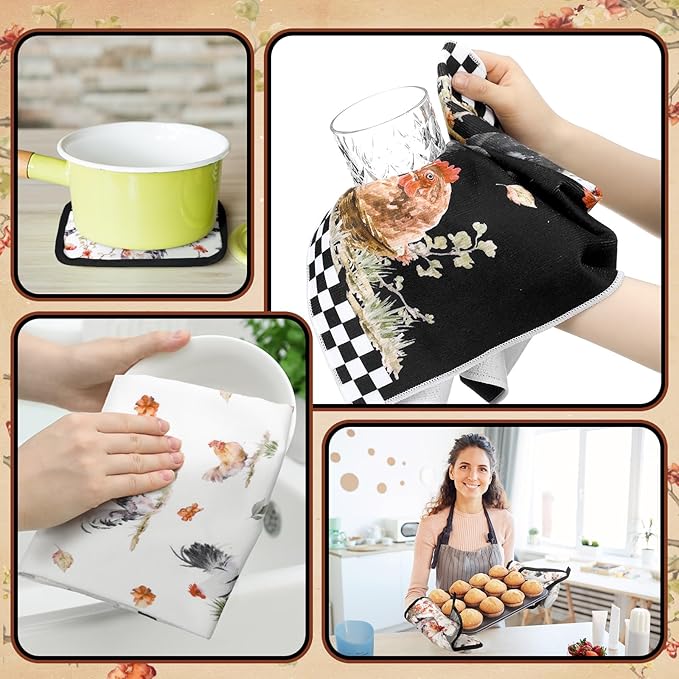 10 Pcs Rooster Kitchen Dish Towels Rugs Oven Mitts and Pot Holders Set Farmhouse Kitchen Decor Set for Women Mom Daughter Gift Cooking Baking Grilling (Vintage Black White)