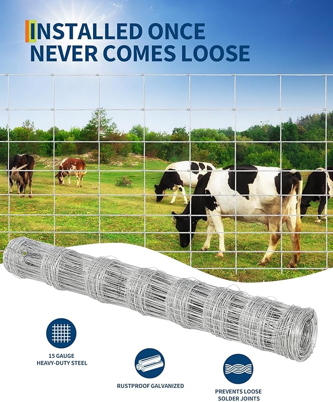 Farm Fence, 4FT x 164FT x 0.59IN White Welded Wire Fence Roll - Zinc Galvanized No-Climb Animal & Poultry Netting for Horses, Sheep, Chickens - Heavy Duty Yard Protection & Garden Grid Fencing