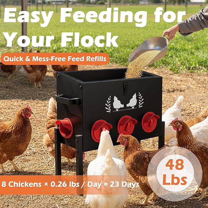Large Capacity Automatic Chicken Feeder, 8 Port Chicken Feeder, 48LB Metal Chicken Feeders with Locking Lid & Adjustable Legs, No Waste Chicken Feeder, Black