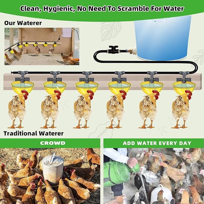Complete Set Pipeline Automatic Chicken Waterer System, Innovative Quick-Connect Water System with Large Size Water Cups Removable and Washable, 18ft Pipeline and Float Valve (Yellow, 6Cup)