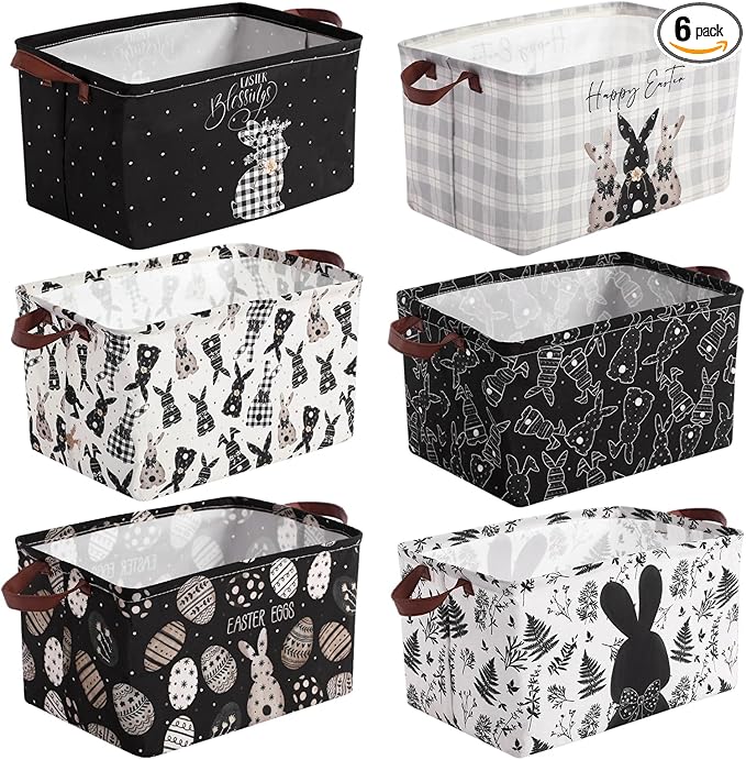 CHENGU 6 Pack Easter Storage Bin Collapsible Easter Basket for Gifts Large Bunny Eggs Black White Holiday Decor Decorative Rabbit Basket Farmhouse Foldable Box with Handle for Bedroom Office Home