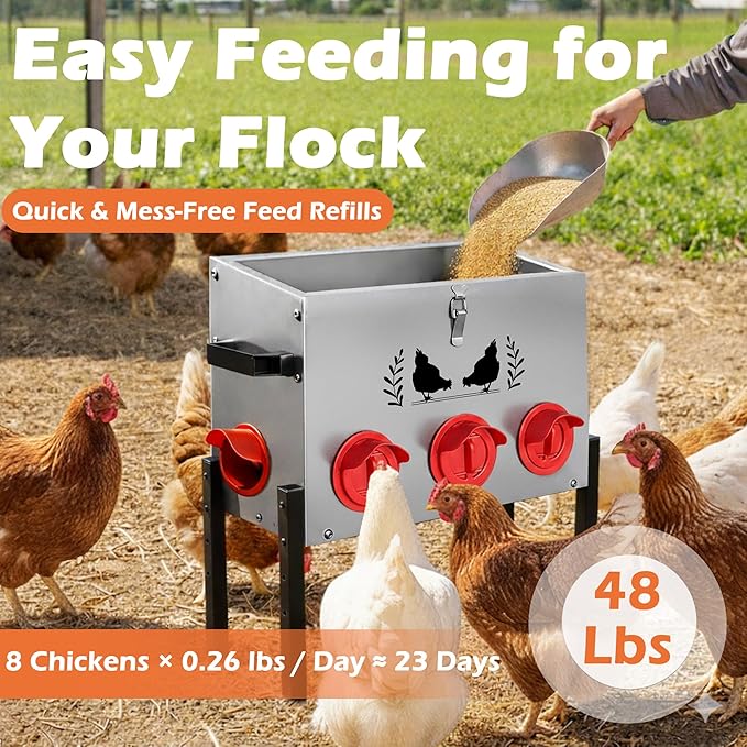 Large Capacity Automatic Chicken Feeder, 8 Port Chicken Feeder, 48LB Metal Chicken Feeders with Locking Lid & Adjustable Legs, No Waste Chicken Feeder, Silver
