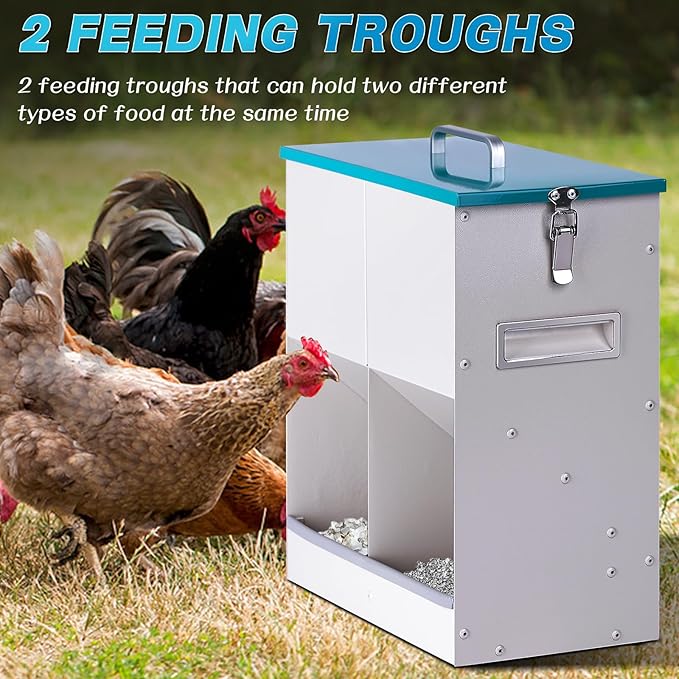 10L Chicken Grit and Oyster Shell Feeder Combo with Lid Hanging Duck Feeder Automatic Metal Gravity Chicken Feeder Poultry Coop Accessories for Goose Hens Eggs (Blue)