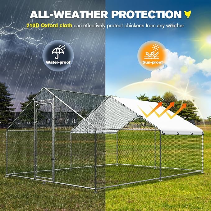 Large Metal Chicken Coop Walk-in Chicken Run with Waterproof Cover Outdoor Backyard Farm Anti-UV Spire Shaped Cage for Poultry, Ducks, and Rabbits(13.1’L x 9.8’W x 6.5’H)