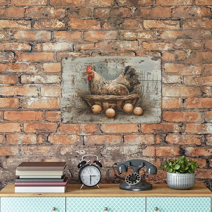 Rustic Farmhouse Hen Chicken in Basket with Eggs tin sign Vintage Rustic Farmhouse Chicken and Eggs metal sign print Suitable for room bathroom cave bar cafe garage garden and outdoor decoration