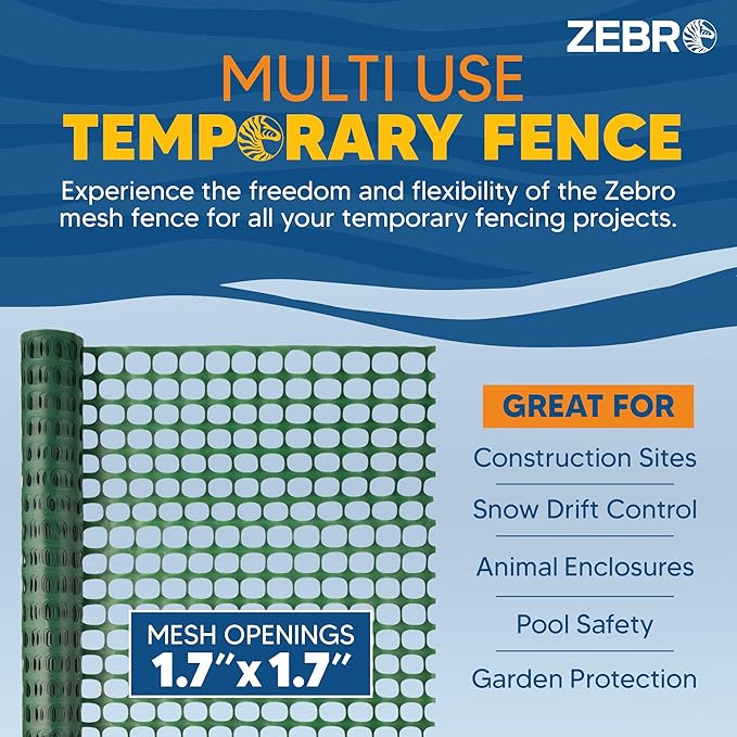 ZEBRO 4' x 100' Green Plastic Garden Fence Roll – Standard Duty Safety Netting for Snow, Poultry, Deer, Dogs – Reusable Outdoor Barrier for Yard, Landscaping, Animal Protection