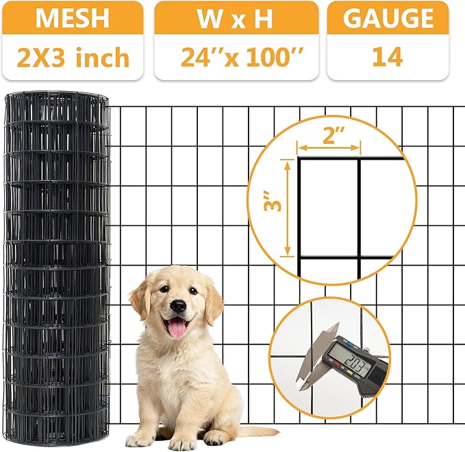 Black Metal Garden Fence, 24inch(H) x 100ft(L), 2 inch x 3 inch,14GA 2/3/4/5/6 Ft Tall Chicken Wire PVC Coated Welded Wire Mesh Roll for Dogs Border Yard Vegetable Plant Protection Poultry Netting