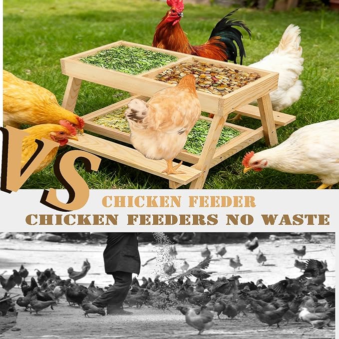 Chicken feeder,squirrel picnic table feeder,poultry feeder,chicken coop decor,Chicken Feeder No Waste Kit with Picnic Table,Two stainless steel mesh screens keep food clean and dry (wood color)
