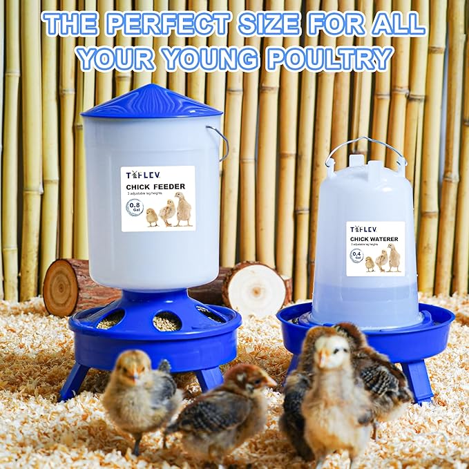Baby Chick Feeder and Waterer Set with Adjustable Height, Scoop, Anti-Drown Poultry Waterer for Raising Chicks in Brooder (0.8 Gal Chick Feeder & 0.4 Gal Chick Waterer, Blue)