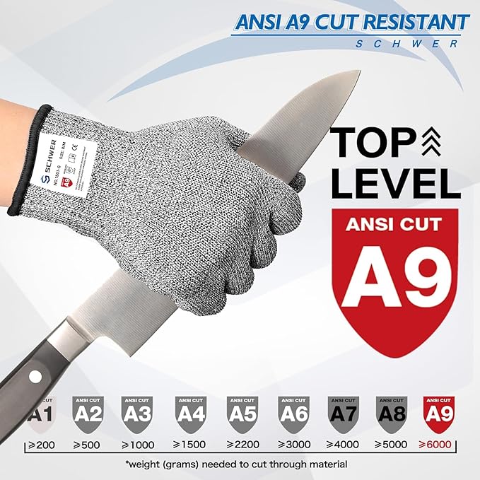 Schwer SlicePro ANSI A9 Cut Resistant Gloves, Food Grade Cutting Gloves for Kitchen Food Prep, Mandoline Gloves for Meat Cutting, Oyster Shucking, Fish Fillet Processing, PR1501-G, 10 Pairs, M