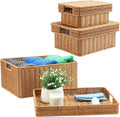 Wicker Storage Basket with Lid - Woven Storage Basket for Organizing,Rectangular Decorative Boxes Bins with Lids for Shelves,living room, Nursery, 3-Piece Set(Light Brown)