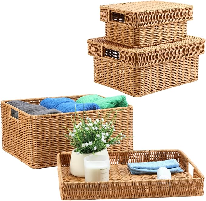 Wicker Storage Basket with Lid - Woven Storage Basket for Organizing,Rectangular Decorative Boxes Bins with Lids for Shelves,living room, Nursery, 3-Piece Set(Light Brown)