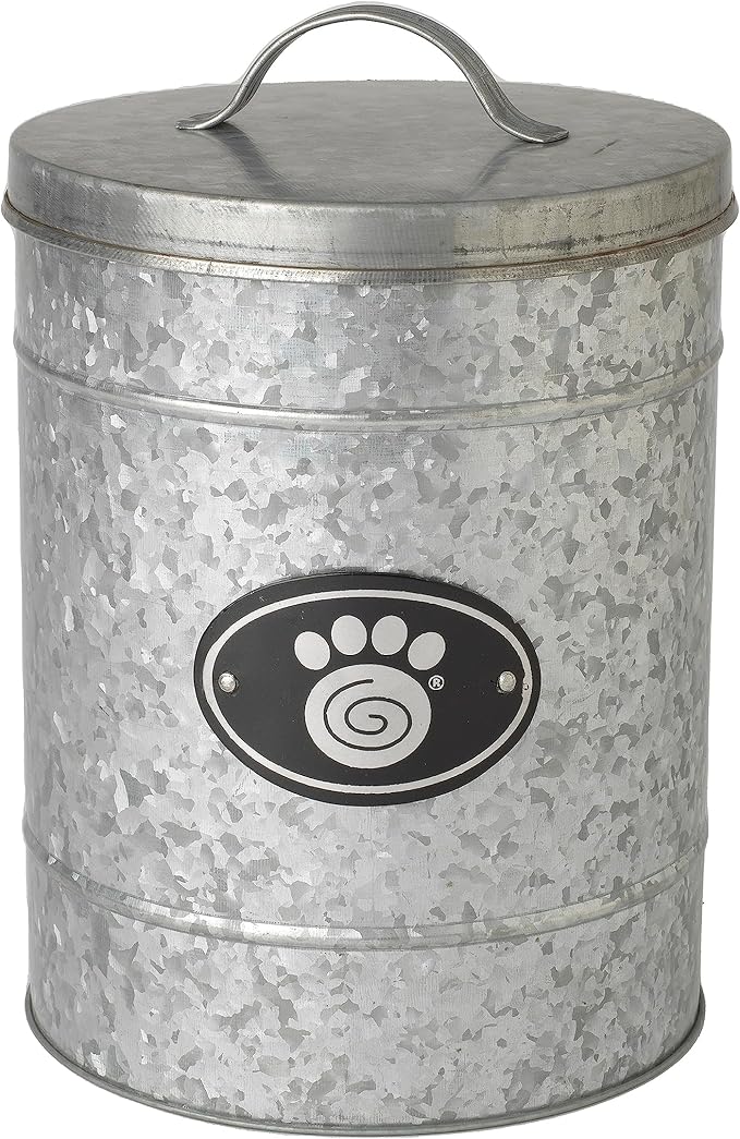 PetRageous 16079 Swirl Paw Galvanized Stainless-Steel Storage Container 6.02-Quart 7.87-Inch Diameter 9.84-Inch Tall for Dog Treats and Dog Food or Cat Treats, Metallic