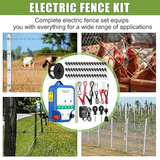 Electric Fence Kit, 8 Mile 12kV 2J Electric Fence Charger AC/DC Powered with 50 Insulators, Socket Tool, 250ft Aluminum Wire for Livestock Control, Predators Deterrent(Classic Ver.,Blue)