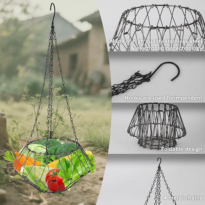 Hanging Chicken Feeder, Foldable Chicken Vegetable and Fruit Food Dispenser, Poultry Feeding Basket with 4 Hanging Chains, Poultry Feeding Vegetable Fast Food Ball (2 Pack)