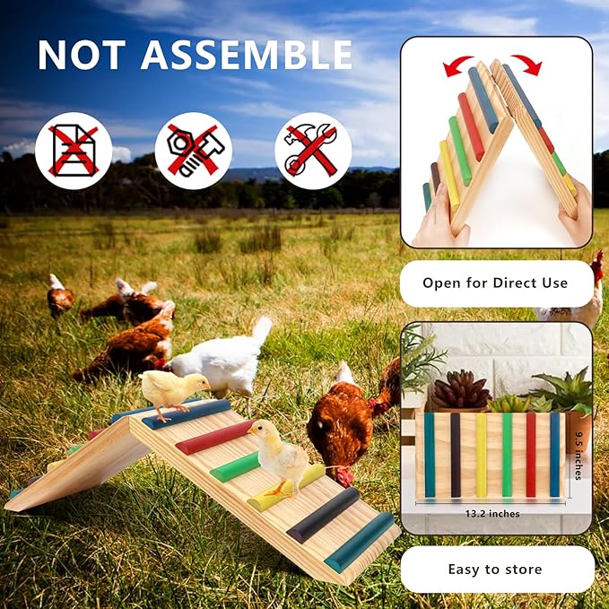 Rainbow Chicken Perch and Ramp Trainer, 2 in 1 Sturdy Wooden Chicken Roosting Bar, Baby Chick Toys for Brooder, Chicken Coop Accessories, for Small Animal, No Assemble