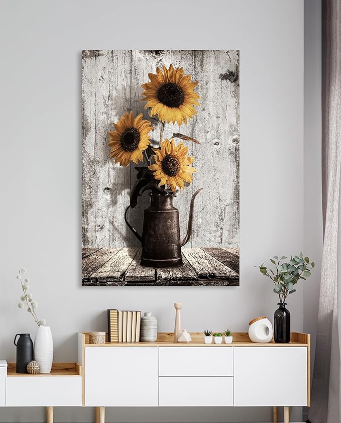 Sunflower Paintings Farmhouse Wall Art: Yellow Sunflowers Canvas Wall Art for Kitchen,Large Floral Pictures Vintage Art Prints Rustic Country Wall Hanging Decor for Bedroom Bathroom 24x36 Inches