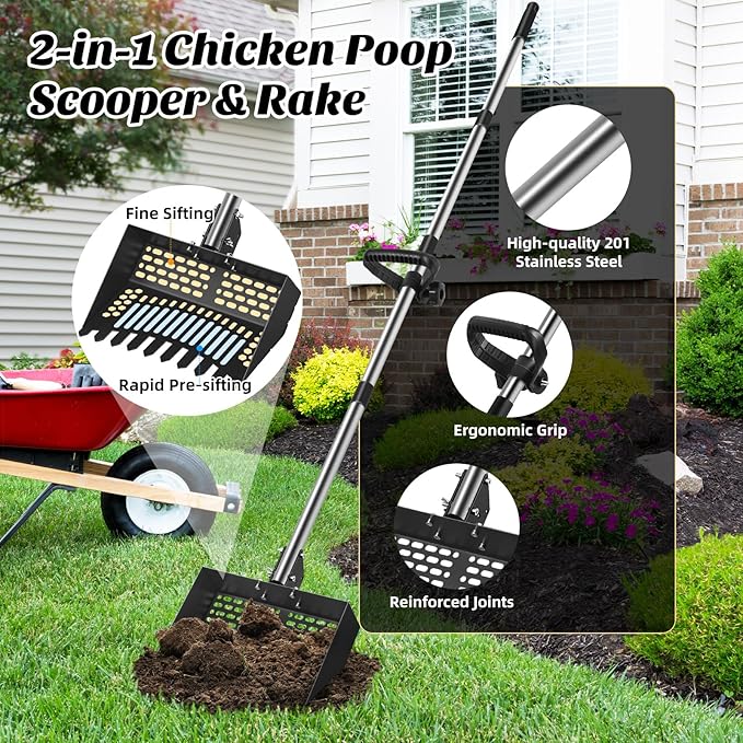 Chicken Poop Scooper & Rake, 2-in- Metal Litter Scoop Sand Sifting Shovel with 28" to 55" Adjustable Stainless Steel Handle for Chicken Coop Accessories/Supplies, Farm, Sheep Pen, Cat Litter, Black