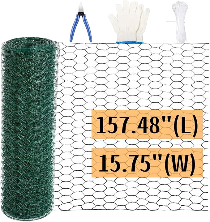 Chicken Wire for Floral Arrangements, 15.75" x 157.48" Green Floral Chicken Wire Mesh, 0.6" Anti-Rust Hexagonal Galvanized, PVC Coated Hardware Cloth Metal Netting for Crafts Poultry Garden Fencing